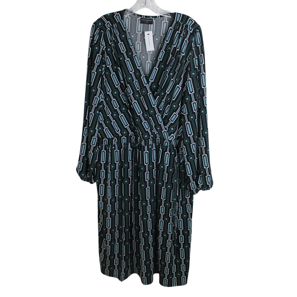 Lane Bryant Faux Wrap Midi Dress Geometric Print Long Sleeve Size 22 24‎